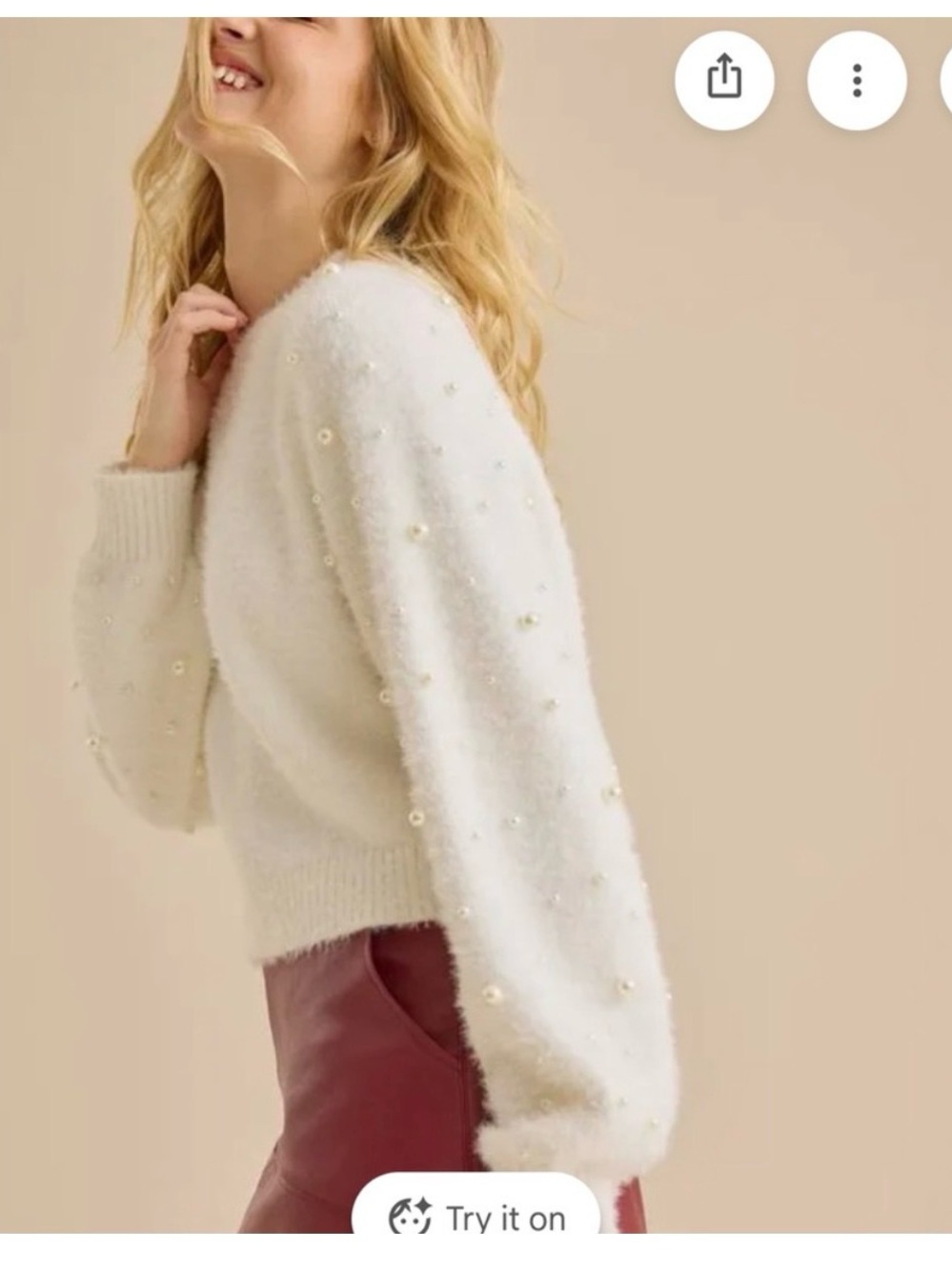 Altar'd State Cream Pearl-Embellished Crewneck Sweater